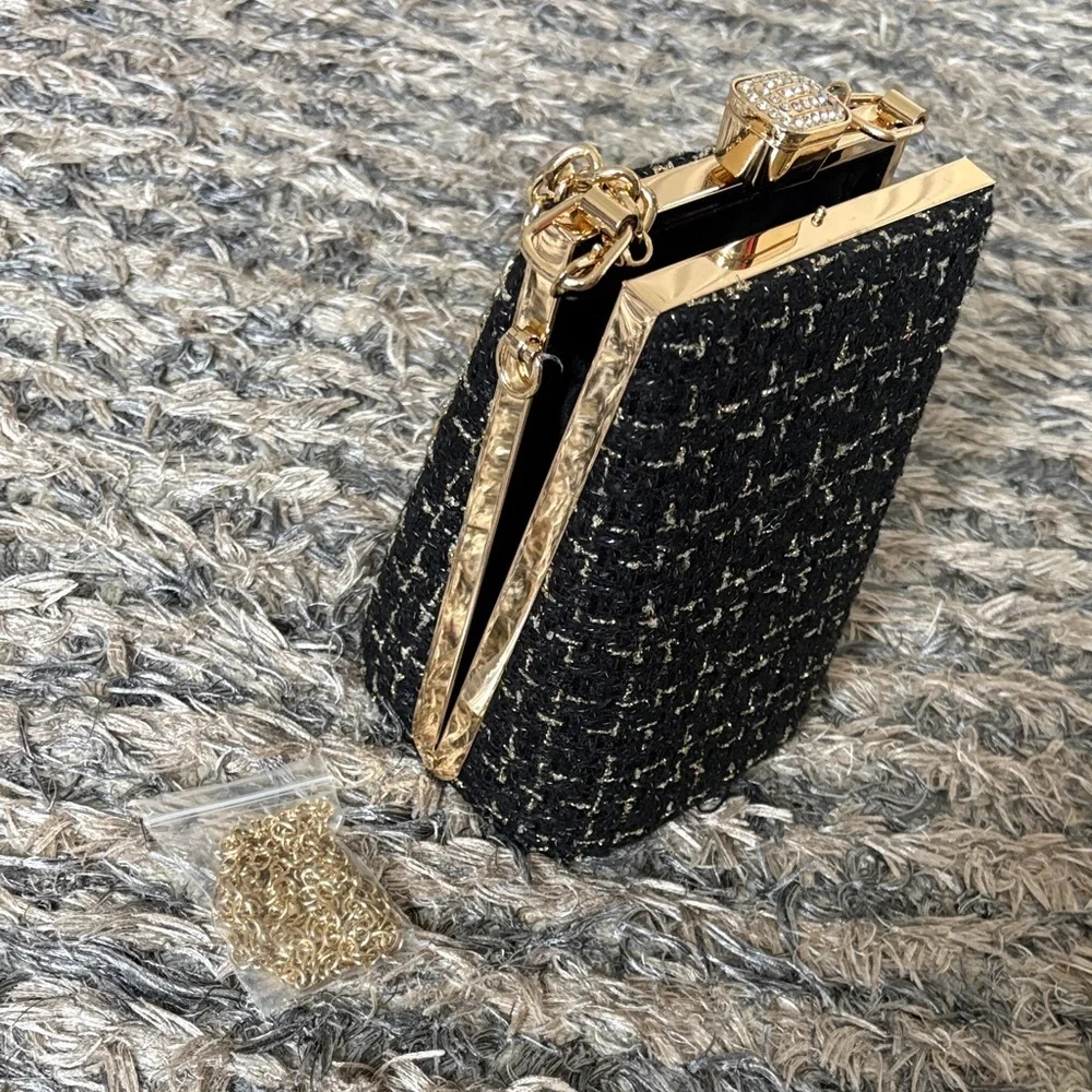 NWOT! Chic Black and Gold Tweed Clutch Gold Hardware with Crystals - Picture 7 of 7